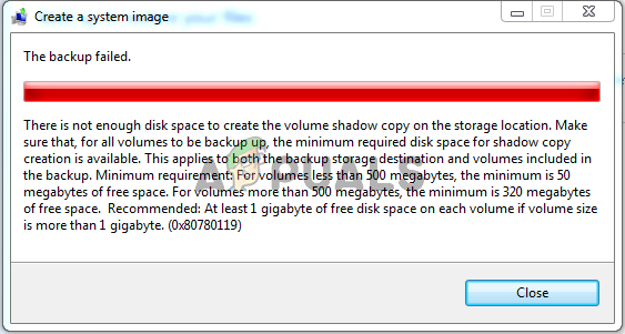Исправьте ошибку дискового пространства 0x80780119 при создании образа системы